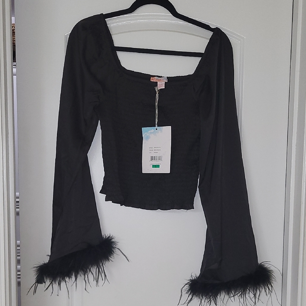 WATERMELON SUGAR Sz L NWT Gothic Coquette/ Chic Black Feather Cuff Blouse